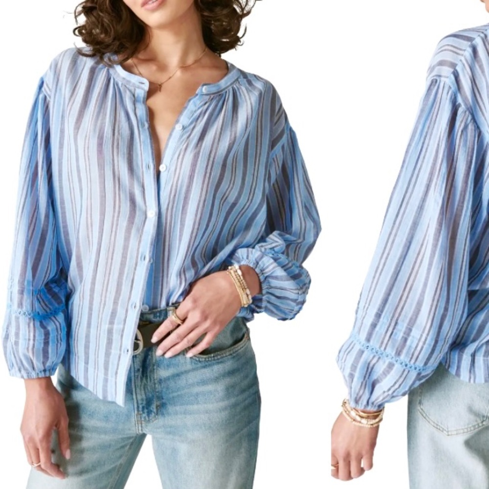 Lucky Brand Blue Stripe Button Front Peasant Blouse